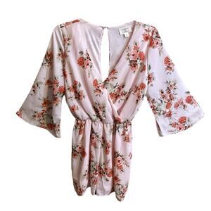 Everly Romper Sz S Pink Floral 3/4 Bell Sleeves V-neck One Piece Chiffon
